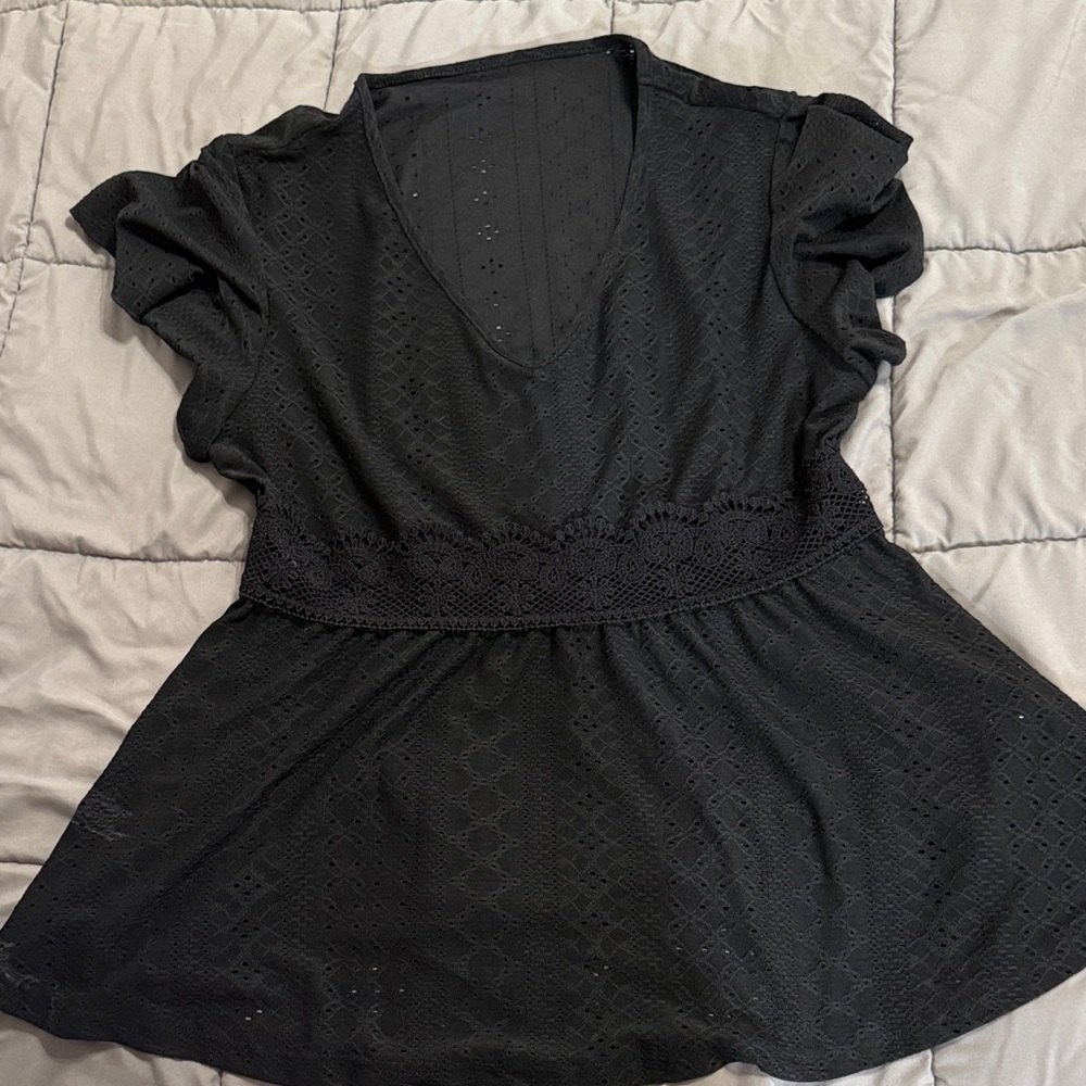SHEIN Black Eyelet V-Neck Blouse